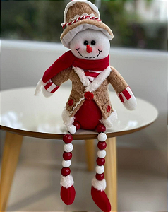 BONECO DE NEVE DECORATIVO SENTADO VERMELHO E BEGE 36CM - FLORARTE