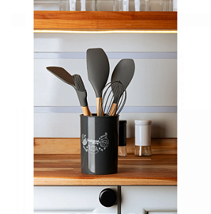 CONJUNTO 5 UTENSÍLIOS DE COZINHA CONFEITARIA EM SILICONE COM CABO DE BAMBU SUPORTE CINZA - WOLFF