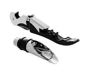 CONJUNTO SACA ROLHAS 2 ESTÁGIOS DE AÇO INOX E BICO DOSADOR PARA VINHO - WOLFF