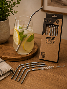 KIT COM 4 CANUDOS DE AÇO INOX REUTILIZÁVEIS COM ESCOVA PARA LIMPEZA 21,5CM - LYOR