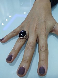 Anel Feminino de Prata 950k Pedra Natural Obsidiana Negra