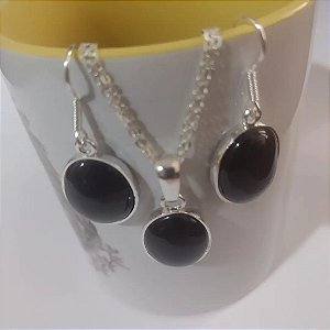 Conjunto Brincos e Pingente Obsidiana Negra de Prata 950k