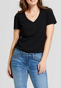 T-shirt de manga curta com decote em V para mulheres