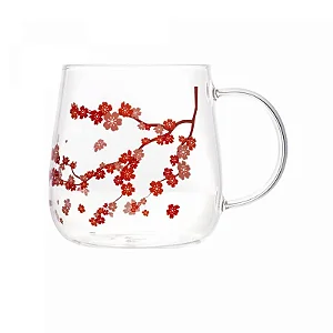 Caneca de Vidro com Tampa e Colher Sakura