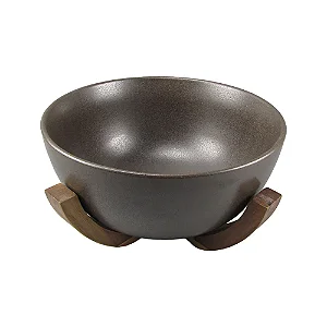 Bowl em Cerâmica Marrom e Base em Madeira