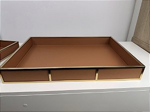 Bandeja de Metal e Couro Sintetico Marrom