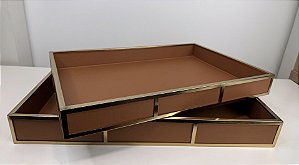 Bandeja de Metal e Couro Sintetico Marrom
