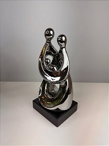 Peça Decorativa De Ceramica Prata Com Base Madeira