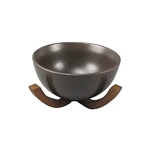 Bowl em Cerãmica Preto Base em Madeira