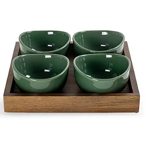 Conjunto de Pestisqueiras Base Madeira Cerâmica Verde Degrade 5 peças