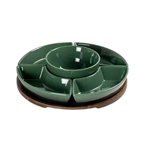 Cj de Petisqueiras Redonda Base Madeira Cerâmica Verde Degrade 6pcs