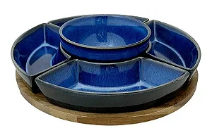 Cj de Petisqueiras Redonda Base Madeira Cerâmica Azul Degrade 6pcs