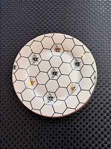 Prato de Sobremesa Cerâmica Colmeia Off White c/ Borda Ouro 20cm