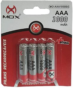 Pilha Recarregável AAA 1.2v 1000 mAh - Cartela c/ 4 pilhas - Mox (MO-AAA1000B4)