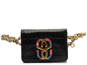 Bolsa Feminina Mini Texturizada Alça Tiracolo Corrente Logo Colorido Schutz Preta