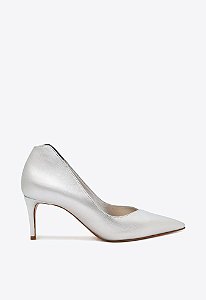 Scarpin Feminino Couro Bico Fino Salto Baixo Schutz Prata