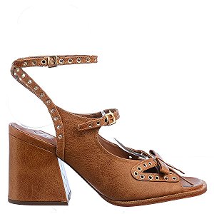 Sandália Feminina Salto Bloco Ilhós Laço Vicenza Camel