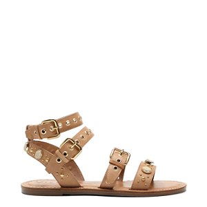 Rasteira Catherine Studs Aplicações Calf Vintage Effect Couro Vicenza Bege