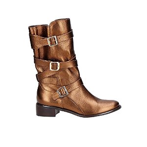 Bota Cano Médio Fivelas Couro Luiza Barcelos Bronze