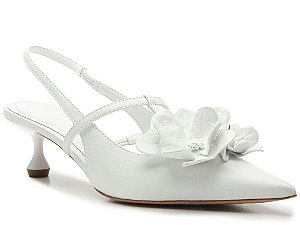 Scarpin Salto Baixo Slingback Alça Flor Vicenza Branco