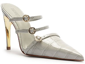 Scarpin Salto Fino Alto Croco Tiras Fivelas Schutz Cinza