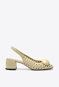 Sapatilha Margot Slingback Salto Bloco Perfuros Verniz Alça Vicenza Off White