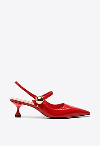 Scarpin Slingback Taís Salto Baixo Verniz Aplicação Vicenza Vermelho