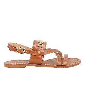 Rasteira Couro Tiras Alça Fivela Logomania Luiza Barcelos Camel