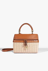 Bolsa Grande Couro Palha Zíper Alça Fina Adereço Schutz Camel