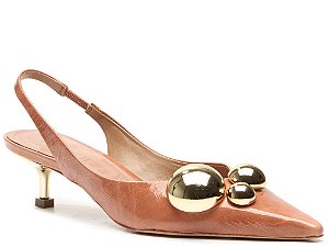 Scarpin Olga Slingback Salto Fino Baixo Aplicação Alça Vicenza Marrom