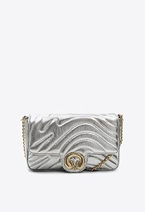 Bolsa Feminina Média Couro Alça Corrente Logomania Metalcolor Vicenza Prata