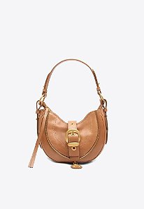 Bolsa Feminina Pequena Couro Fivela Shoulder Alça Fina Zíper Vicenza Camel