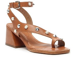Sandália Salto Bloco Médio Bico Quadrado Spikes Ilhós Vicenza Camel