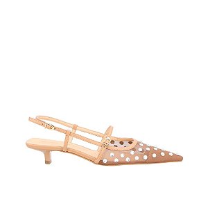 Scarpin Slingback Salto Baixo Tela Brilhos Fivela Luiza Barcelos Camel