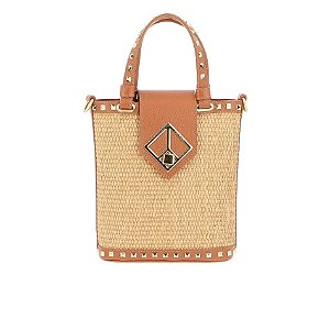 Bolsa Feminina Pequena Palha Spikes Multimaterial Luiza Barcelos Camel