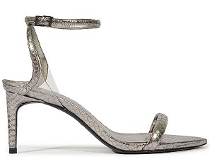 Sandália Salto Médio Bico Folha Cobra Tira Metalcolor Schutz Chumbo