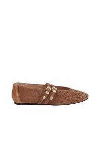Sapatilha Feminina Camurça Tiras Fivelas Cuts Luiza Barcelos Camel