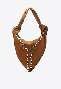Bolsa Hobo Grande Camurça Detalhes Dourado e Prateado Vicenza Camel