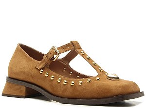 Sandalia Salto Bico Quadrado Camurça Fivela Vicenza Camel