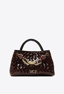 Bolsa Tote Mika Media Verniz Corrente Dourada Vicenza Coffe