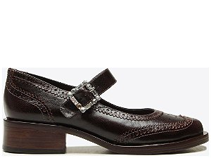 Mocassim Couro Salto Bloco Fivela Cristal Vicenza Coffee