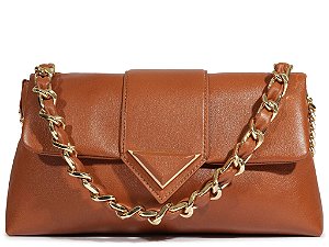 Bolsa Pequena Couro Shoulder Triangulo Alça Corrente Schutz Camel