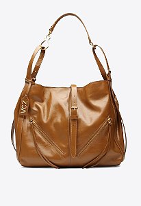 Bolsa Média Hobo Tiras Couro Alça Fivela Ziper Vicenza Camel