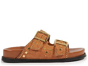 Papete Couro Tiras Fivela Rebite Schutz Camel