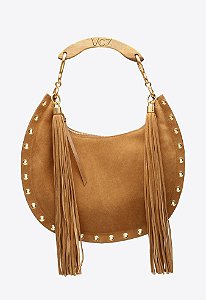 Bolsa Grande Camurça Rebite Tiras Ziper Alça Madeira Vicenza Camel