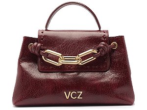 Bolsa Tote Média Couro Tiras Corrente Dourada Logo Vicenza Marsala