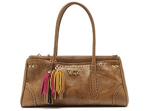 Bolsa Media Tote Couro Tiras Ziper Logo Mania Vicenza Camel