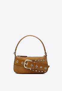 Bolsa Pequena Shoulder Thaila Couro Camurça Fivela Rebite Vicenza Camel