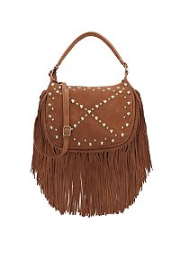 Bolsa Média Couro Camurça Rebite Tiras Franja Ziper Luiza Barcelos Camel