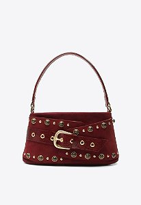Bolsa Média Thaila Couro Camurça Rebite Fivela Ziper Shoulder Vicenza Marsala